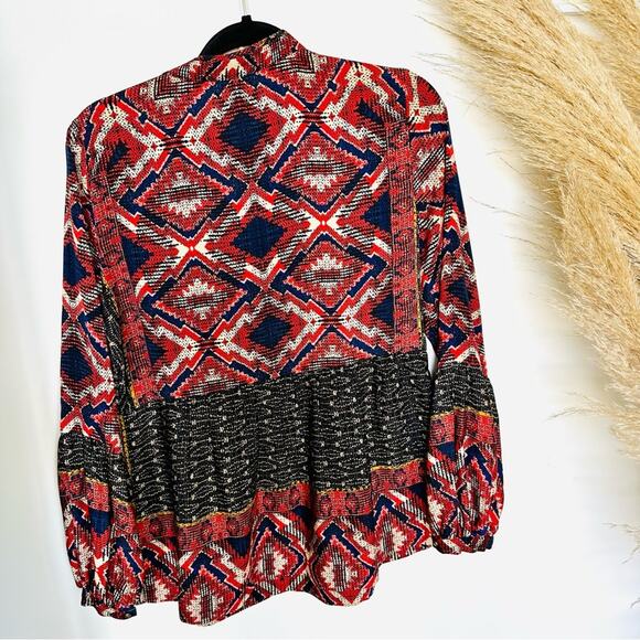 ANTHROPOLOGIE JOSEPH KONRAD Zydeco Red Black Peasant Silky Blouse Tunic Top M - Picture 9 of 10